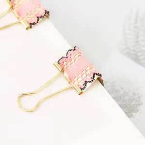 Gold metal binder clips featuring pink lace fabric wrap, detail view of cute stationery.