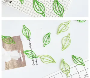 Green leaf shaped paper clips metal plastic coated cute bookmarks for office desk use