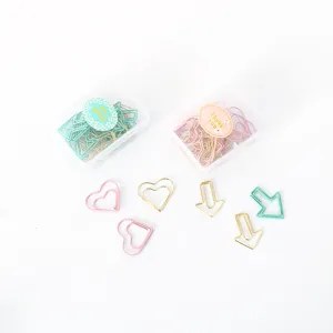 Cute shaped paper clips in heart and arrow designs with plastic storage box for office school.