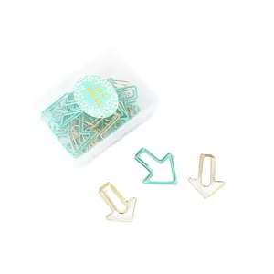 Cute arrow shaped metal paper clips in clear box, colorful plastic coated stationery set.