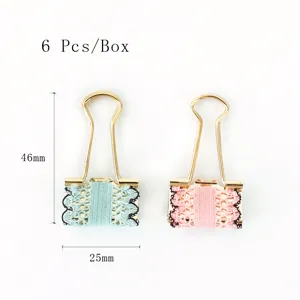 Decorative metal binder clips with lace design, 25mm long tail paper clamps, 6 pcs box