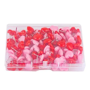 Cute heart-shaped pushpins in clear box, colorful plastic thumb tacks for cork board.