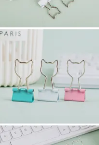 Cute cat metal binder clips set, colorful paper clamps for office stationery and school supplies.