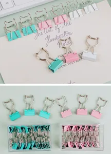 Cute metal cat binder clips in mint, pink, white. Great office school stationery.