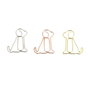 Cute dog shaped metal paper clips set, creative stationery clips in silver, gold, and rose gold.