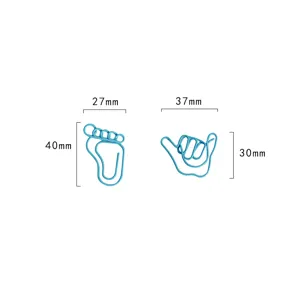 Creative shaped metal paper clips set, cute blue foot and hand gesture design for office.
