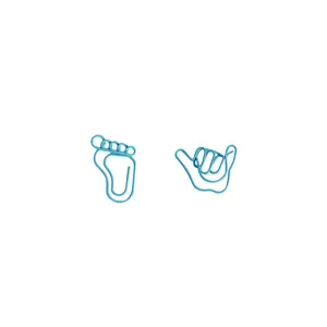 Cute blue shaped metal paperclips featuring foot and hand gesture designs for office and school.