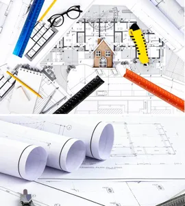 Architectural drawing scale ruler set with blueprints, professional drafting tools for interior design.