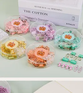 Creative multi-functional colorful office stationery set with binder clips and paper clips.