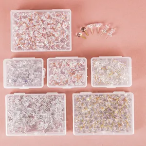 Transparent push pins set with storage boxes, assorted shapes for cork board and photo wall.