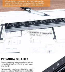 Black aluminum triangular scale ruler for architectural drawing and engineering drafting design.