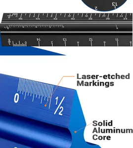 Aluminum triangular scale ruler for architects and draftsmen with precise laser etched markings.