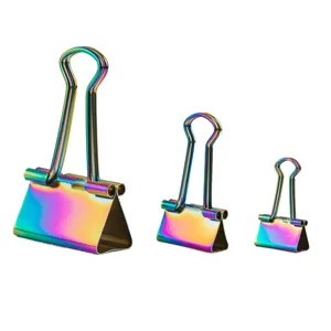 Rainbow metal binder clips set, multi-size colorful long tail clips for office stationery.