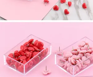 Cute heart-shaped push pins in clear boxes, pink and red decorative thumb tacks for cork board.