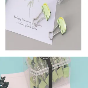 Detail shot of cute green fruit shaped metal binder clips with clear storage box for stationery.