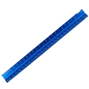 Blue aluminum triangular scale ruler 30cm architect drawing metric and inch measurements.