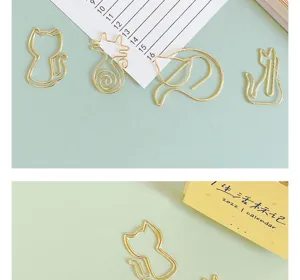 Cute gold cat paper clips, creative metal bookmarks for office and school stationery.