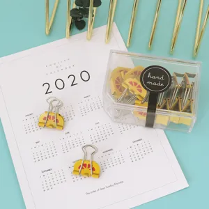 Cute lemon pattern metal binder clips set with clear storage box for office school stationery.