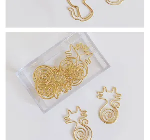 Gold cat shaped metal paper clips in clear box, cute planner bookmarks for stationery.