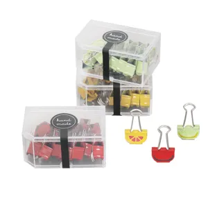 Cute fruit metal binder clips set with clear storage box, cartoon stationery paper clamps.