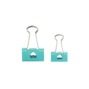 Cyan metal heart binder clips set with large and small sizes for office and stationery use.