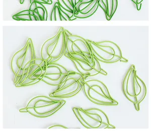 Green leaf shaped metal coated paper clips cute creative stationery bookmarks office supplies.