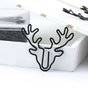 Cute black deer head shaped metal paper clip and creative stationery bookmark for office supplies.
