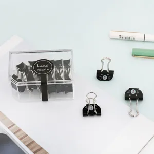 Mini metal black cat binder clips with clear storage box, cute stationery paper clips for office.