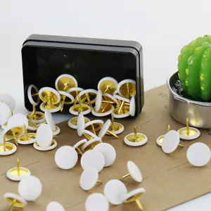 Weiße Pinnnadeln mit goldenen Spitzen, runde Reißzwecken aus Kunststoff für Pinnwand und Büro.