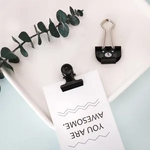 Cute black metal cat binder clips and bulldog clips set for office stationery desktop decor.