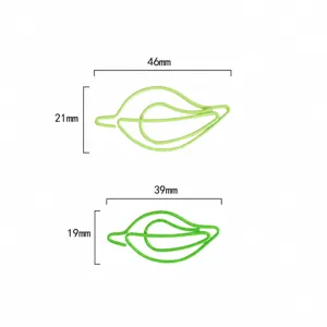Green metal leaf shaped paperclips set, creative office stationery bookmarks 46x21mm 39x19mm