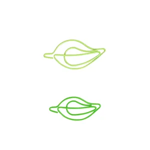 Green leaf shaped metal paper clips, cute creative bookmarks for office and school supplies.