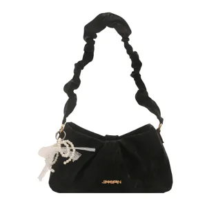 Black velvet cloud pleated underarm bag with pearl lace decoration, stylish shoulder bag.