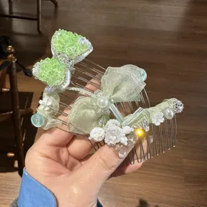Korean Fresh Mint Green Fabric Bow Knot Hair Comb Rhinestone Flower Insert Clip Hairpin For Women Sweet Daily Hair Accessories