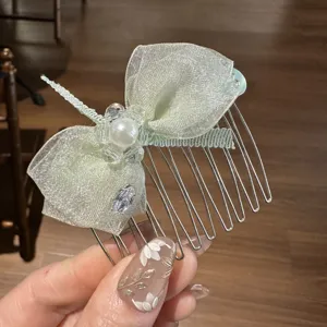 Mint green hair comb with bow rhinestone floral design elegant bangs clip for women accessories