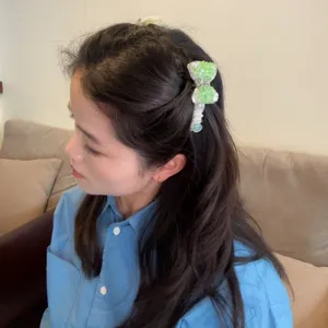 Mint green rhinestone bow hair comb for women elegant floral hair accessory side clip