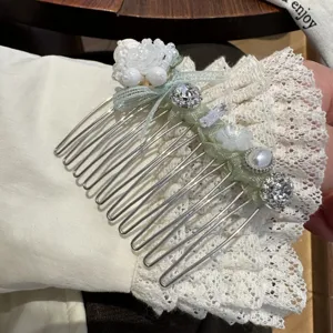 Mint green rhinestone floral hair comb sweet lace hair accessory elegant side comb for women
