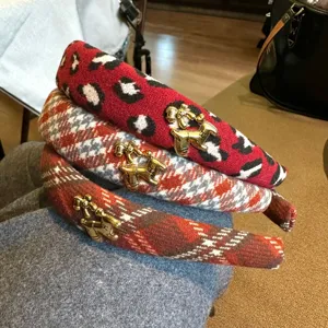 Set of 3 woolen plaid and leopard print headbands with chic golden horse charms for winter fashion
