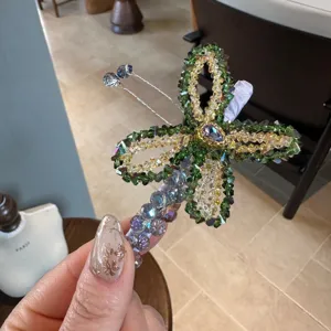 Handmade crystal beaded butterfly hair clip elegant green and yellow sparkling hair accessory for women