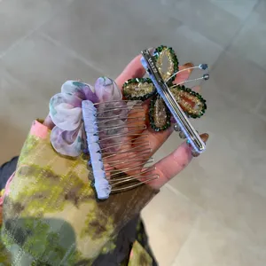 Korean style crystal flower hair comb and beaded butterfly duckbill clip, sweet side hair accessory.