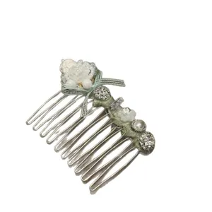 Mint green hair comb with bow rhinestones pearls floral design sweet style hair accessory for women