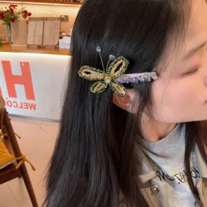 Beaded butterfly hair clip crystal side duckbill hairpin for women hair accessories detail
