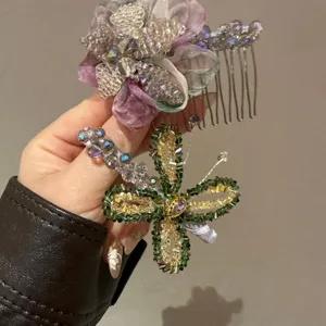 Sweet Mesh Rhinestone Flower Hair Comb Elegant Handmade Beaded Butterfly Hair Clip Fashion Hair Accessories For Women Daily Party Decor
