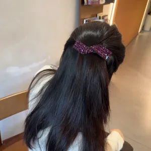 Pince à cheveux nœud strass violet pour femmes, barrette cristal élégante demi-queue.