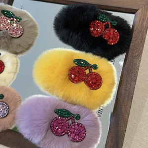 Κορεάτικo φθινοπωρινό χειμερινό plush strass κεράσι hair clip γλυκό χνουδωτό αξεσουάρ γυναίκες