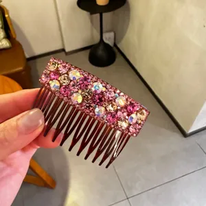 Sparkling rhinestone hair comb for women, elegant crystal insert comb, pink sparkling hair accessories.