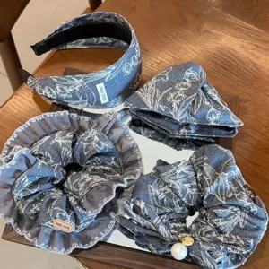 Denim floral hair accessories set including headband and scrunchies for casual daily wear.