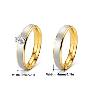 Juego de anillos de pareja de acero inoxidable con diamante único y acabado cepillado, 4 mm.
