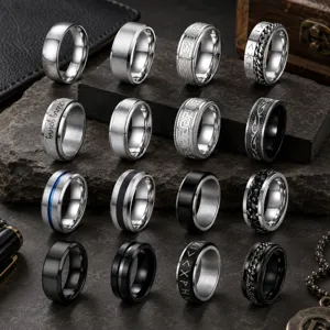 Ensemble de 16 bagues homme en acier titane anneau rotatif style vintage cadeau bijoux