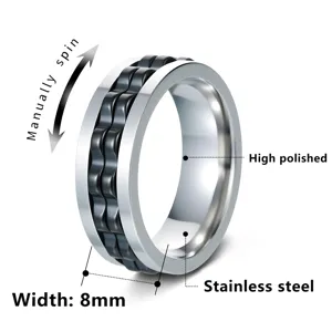 Stainless steel rotatable gear ring for men, 8mm width, high polished casual fashion band.